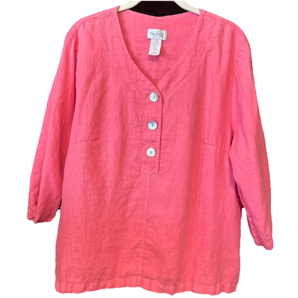MOSAIC USA Linen 1/4 Pearl Button Front Tunic Top Womens Sz XL Pink  3/4 Sleeves